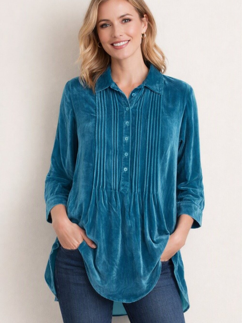 Coldwater Creek Velvet Sze XL Tunic Blouse Women Long Sleeve Pleated Button Up